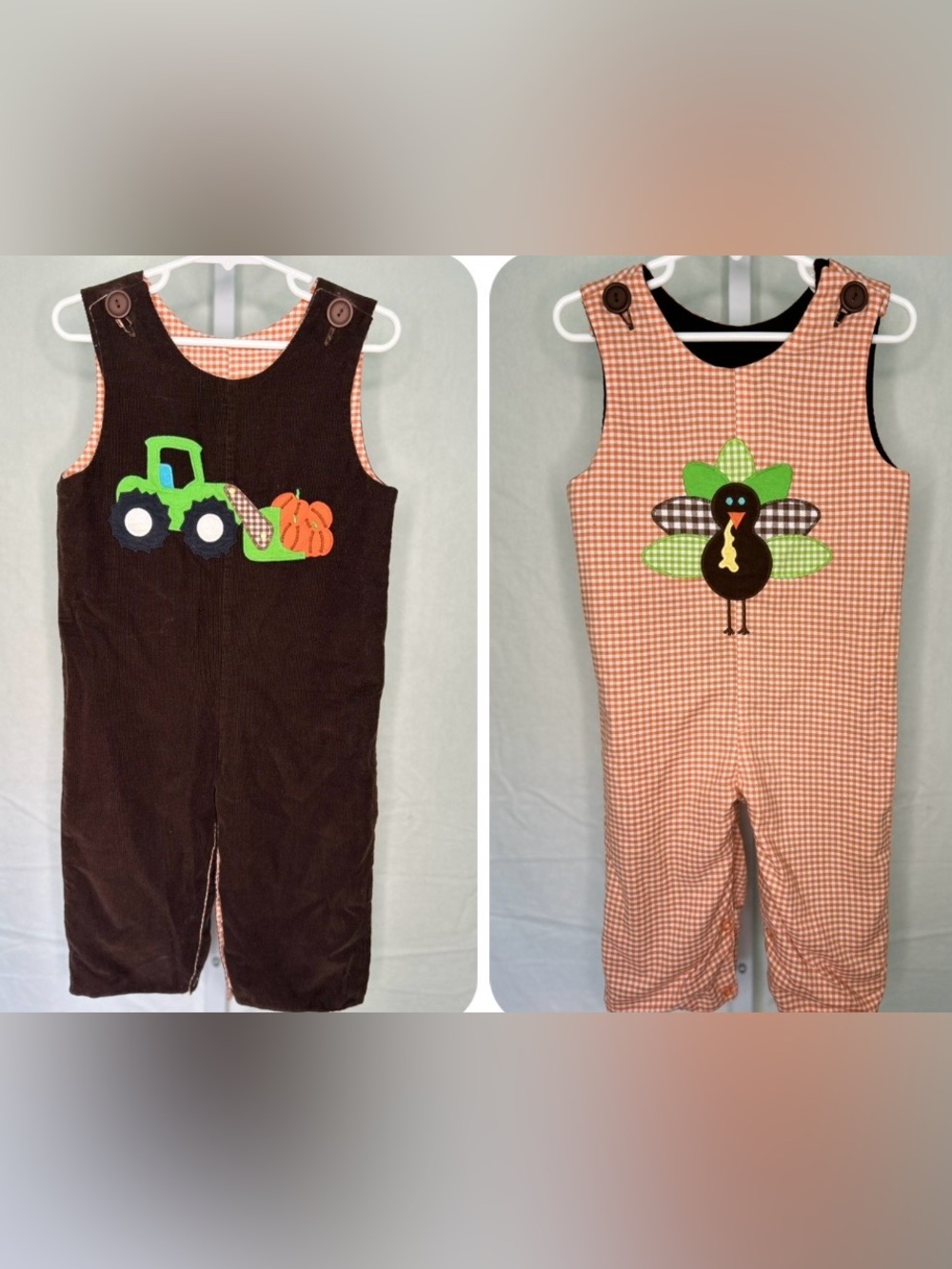 Kellys Kids Reversible Thanksgiving Longall Turkey Tractor Pumpkin Overalls 2T